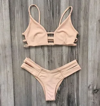 Sexy Women's Beige Triangle Bandage Swimwear Bathing Suit Halter Bikini Bra Set Brazilian Swimsuit