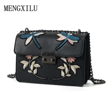Embroidery Women Bag Pu Leather Designer Shoulder Bags Chains Crossbody Bags For Women Ladies Flap Messenger Bag