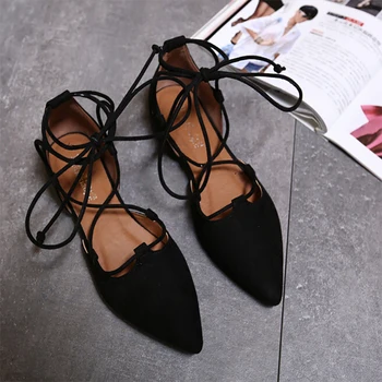 35-42 Autumn 2017 Brand Women Gladiator Roman Strappy Lace Up Bandage Cut Out pointy toe nubuck Leather oxfords Ballet Flats