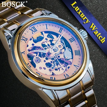 BOSCK 3D Design Hollow Self-Winding Mechanical Wristwatches Engrave Skeleton Mens automatic mechanical watches Relojes Mecanicos