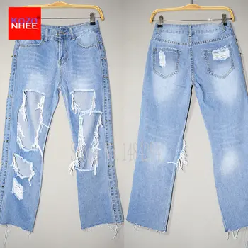 Loose Rivet Sexy Grid Ripped Holes Jeans Women With High Waist Straigh Capris Jeans Large Size Torn Jeans For Girls