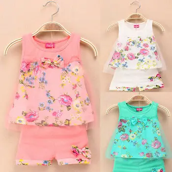 2016 Newest Baby Kids Girls Summer Flower Vest Bow Floral Flower Sleeveless Tops T-shirt+Shorts Pants Tulle 2pcs Outfit 1-5Y Set