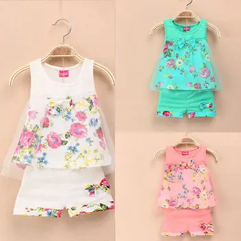 2016 Newest Baby Kids Girls Summer Flower Vest Bow Floral Flower Sleeveless Tops T-shirt+Shorts Pants Tulle 2pcs Outfit 1-5Y Set