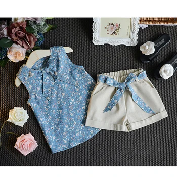 2016 Summer Girl Clothing Set Blue Sleeveless Printing Blouse+Pure Color Pants Suit Beautiful Girl Clothing Set