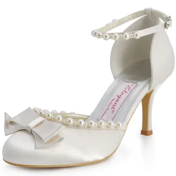 EP11067 Ivory Women Bridal Round Toe Evening Prom Party Pumps Buckle High Heel Bowknot Pearls Satin Wedding Shoes