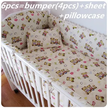 Promotion! 6PCS Bear Baby crib bedding set,baby furniture, cotton bedclothes (bumper+sheet+pillow cover)