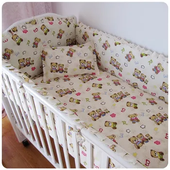 Promotion! 6PCS Bear Baby crib bedding set,baby furniture, cotton bedclothes (bumper+sheet+pillow cover)