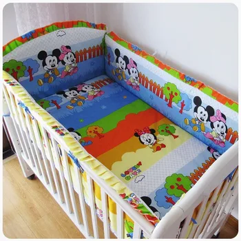 Promotion! 6PCS Cartoon Crib Cot Bedding Set Cotton Baby Bumper Baby Bedding Set ,include(bumper+sheet+pillow cover)