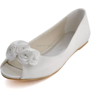 EP31015 White Ivory Women Peep Toe Bridal Prom Party Flats Heel Handmade Flowers Rhinestones Satin Wedding Bride Dress Shoes