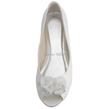 EP31015 White Ivory Women Peep Toe Bridal Prom Party Flats Heel Handmade Flowers Rhinestones Satin Wedding Bride Dress Shoes