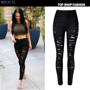 ROSICIL Elastic Imitate Jeans Woman Knee Skinny Pencil Pants Slim Ripped Jeans For Women Black Ripped Jeans TOP216#