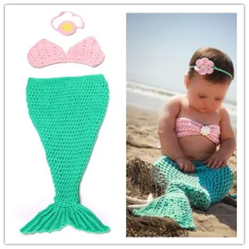 3pcs baby set Mermaid Sea Pearl Decor Warmers Clothes handmade newborn infant photography girls baby child props