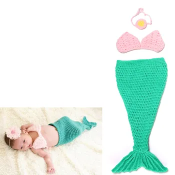 3pcs baby set Mermaid Sea Pearl Decor Warmers Clothes handmade newborn infant photography girls baby child props