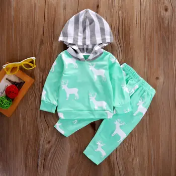 Autumn  Casual Newborn Baby Boy Girl Deer Hooded Tops Coat and Pants 2PCS Outfits Set Clothes Blue 0-24M