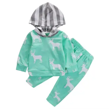 Autumn  Casual Newborn Baby Boy Girl Deer Hooded Tops Coat and Pants 2PCS Outfits Set Clothes Blue 0-24M