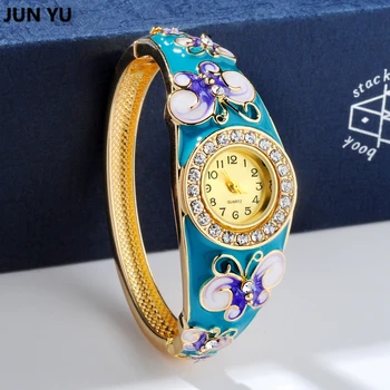 JUNYU 18k Gold Plated Colorful Enamel Butterfly Alloy Bangle Watches Fashion Indian Jewelry Birthday Gifts 2017 New For Women