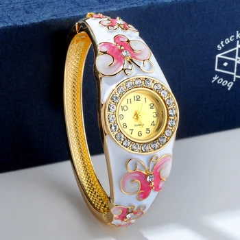 JUNYU 18k Gold Plated Colorful Enamel Butterfly Alloy Bangle Watches Fashion Indian Jewelry Birthday Gifts 2017 New For Women