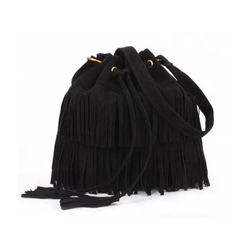 New Women Faux Suede Drawstring Bucket Bag Vintage Handbag Fringe Tassel Messenger Shoulder Bags LXX9