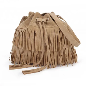New Women Faux Suede Drawstring Bucket Bag Vintage Handbag Fringe Tassel Messenger Shoulder Bags LXX9