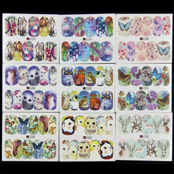 50pcs Full Cover Water Nail Stickers Tribal Feather Water Transfer Nail Decals Mixed Designs Cats Owls Dreamcatcher 2017 New