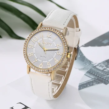 New Watch Women Stainless Steel Case Leather Band Casual Fashion Female Crystal Watch Luxury Brand Quartz Watch Bracelet G064
