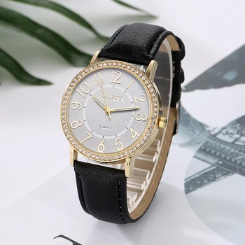 New Watch Women Stainless Steel Case Leather Band Casual Fashion Female Crystal Watch Luxury Brand Quartz Watch Bracelet G064