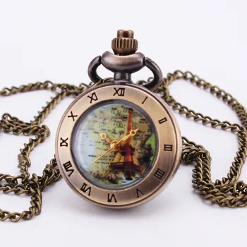 Vintage Retro Antique Bronze Glass Map Nautical Mini Quartz Pocket Watch With Chain Kids Christmas Gift Fob Watches Clock + Box