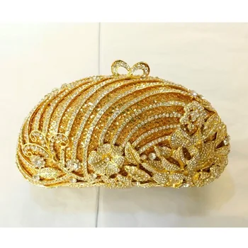 8381 Crystal Flower Floral Fashion Wedding Bridal hollow Golden Metal Evening purse clutch bag handbag box case