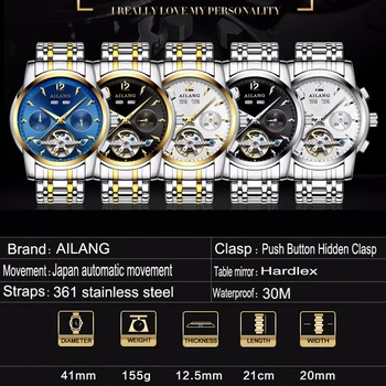 AILANG Top Luxury Brand Automatic Mechanical Tourbillon Men Watches Full Steel Perpetual Calendar Waterproof Luminous Watch