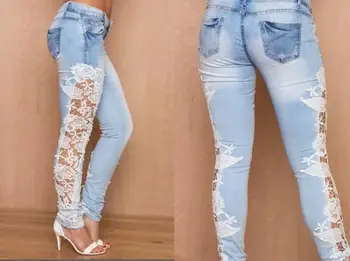 2016 Womens Spring And Autumn Stitching Slim Stretched Denim Pants Light Blue Casual Jeans Lace Holow-Out Denim Pants J1346