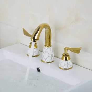 Printing Flower Golden Waterfall Bathroom 3 Pieces 2 Lever Bathtub Faucets 97009 Deck Mounted Sink Brass Faucet,Mixers &Taps
