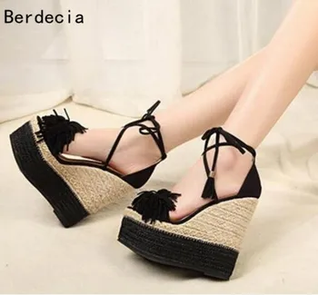Top Selling Sandals For Women Suede Fringed Lace Up High Wedges Platform Sexy Open Toe European Style Female Gladiator Sandals