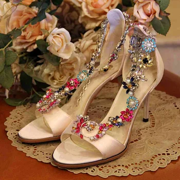 Krazing Pot silk luxury crystal flowers pearl women sandals peep toe thin high heels stiletto summer shoes handmade 79