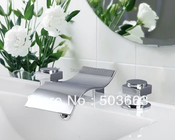New Design Waterfall Bathroom Bathtub Basin Brass Ceramic Chrome Sink Mixer Double Handles Deck Mounted Tap Faucet MF-325