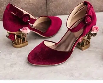 2017 summer high heel shoes fashion caged thick heels woman pumps rose flower embellished ankle strap shoes velvet shoes