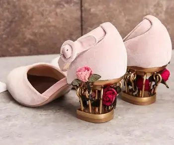2017 summer high heel shoes fashion caged thick heels woman pumps rose flower embellished ankle strap shoes velvet shoes