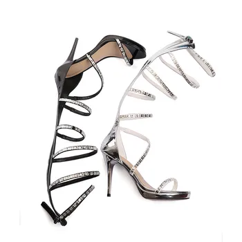 Odetina 2017 Genuine Leather Gladiator Sandals Women Knee High Heel Stiletto Sandals Rhinestone Summer Shoes Crystal Big Size 43