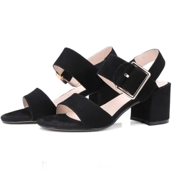 Fashion Genuine leather 2017 summer women basic thick high heel sandals ladies med heel sheepskin black pink open toe pumps shoe