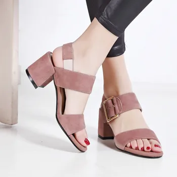 Fashion Genuine leather 2017 summer women basic thick high heel sandals ladies med heel sheepskin black pink open toe pumps shoe