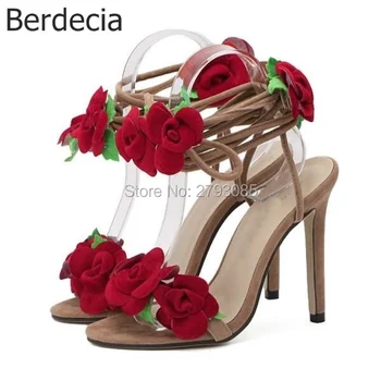 Hot Summer/Spring Party Elegant Flowery Wedding Shoes Fashion Lace-up Peep Toe Ankle Strap Thin Super High Heel Women Sandal