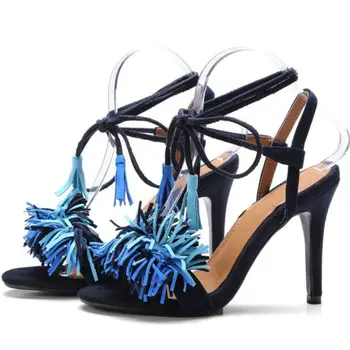 Fashion women genuine leather sandals summer shoes 2017 fringes 9.5cm thin high heels narrow bands ladies dress party sexy shoes