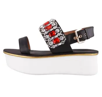2017 summer newest open toe flat platform sandal leather buckle strap woman shoes crystal embellished cutouts shoes