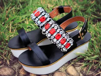 2017 summer newest open toe flat platform sandal leather buckle strap woman shoes crystal embellished cutouts shoes