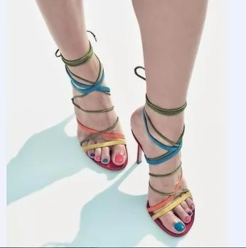Newest Faux Suede Mixed Colors Narrow Band Women Cross Strap High Heel Sandals Summer Hollow Out Ankle Strap Lace Up Pumps