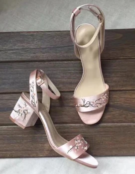 2017 newest ankle strap high heel sandal satin flower embroidery thick heels sandal for woman open toe sexy sandal
