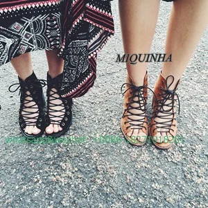 Good-looking black brown nubuck leather hollow out cross strappy chunky high heel open toe shoes comfortable fashion footwear