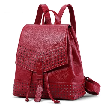 3 Colors SENDEFN Genuine Leather Women Backpack Lady Rivet Shoulder Bag Teenage Girls School Travel Bags(Red/Light Blue/Black)