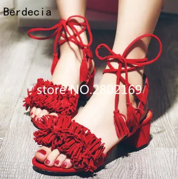 2017 Hot Selling Fashion Big Size Suede Leather Sexy Open Toe Fringe Gladiator Sandals Lace Up Thick Heels Dress S63.9hoes Women