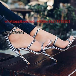 Good-looking black and white stripes women sandals rear zipper open toe belt shoes super thin high heel concise fashion pumps
