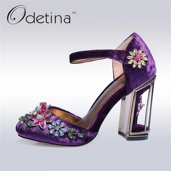 Odetina 2017 Fashion Luxury High Heels Buckle Ankle Strap Women Shoes Flower Pumps Crystal Party Wedding Shoes Big Size 33-43